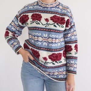 Vintage Workable Separables White Knit Blue Maroon Floral Grandmacore Sweater M